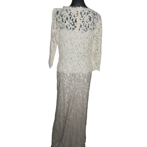 TADASHI Shoji Medallion Lace Two Tone White Cream  Mermaid Cut Formal Gown Dress - Picture 3 of 9